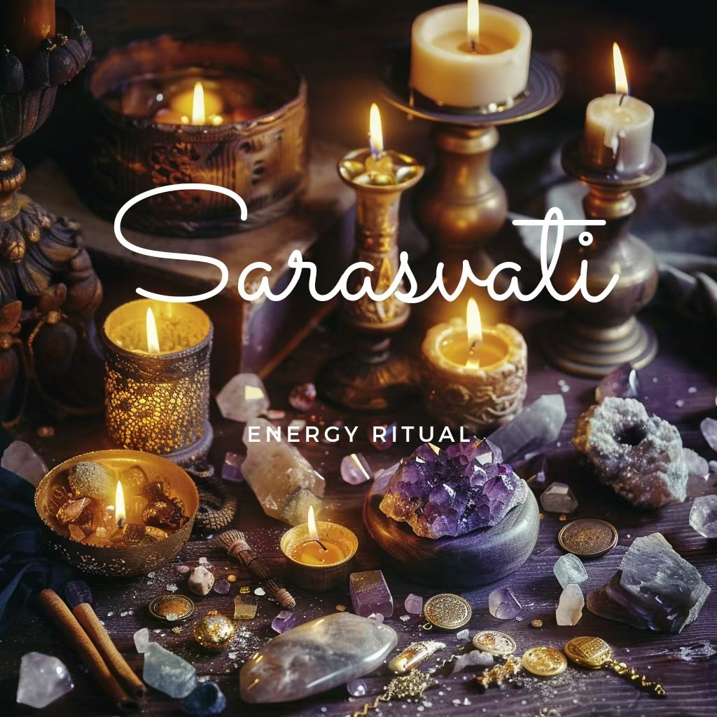 Le manifeste du rituel énergétique Sarasvati souhaite une matrice énergétique exclusive avec une bougie énergétique, du cristal, des herbes, du cœur, du mantra et de la musique une fois