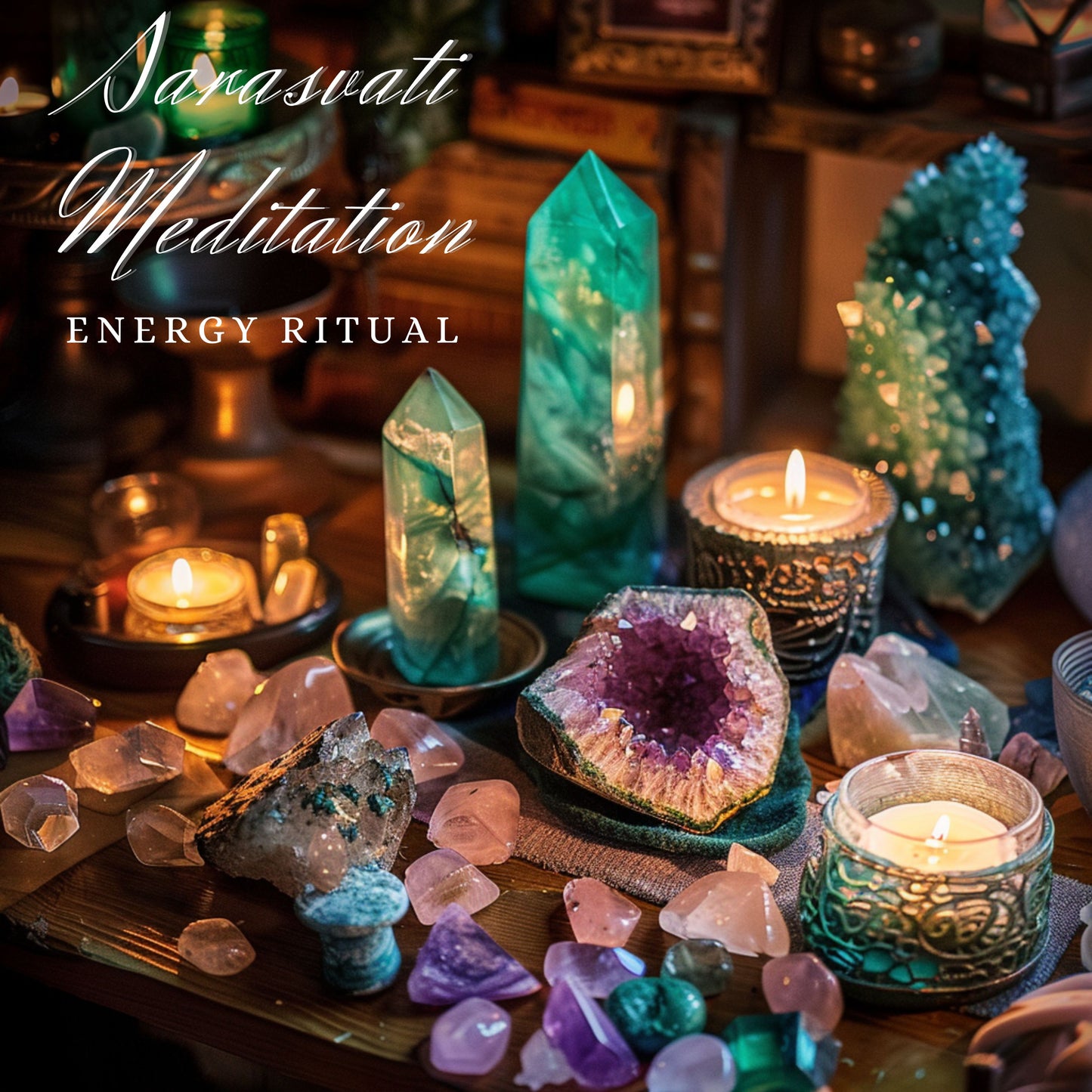 Le manifeste du rituel énergétique Sarasvati souhaite une matrice énergétique exclusive avec une bougie énergétique, du cristal, des herbes, du cœur, du mantra et de la musique une fois
