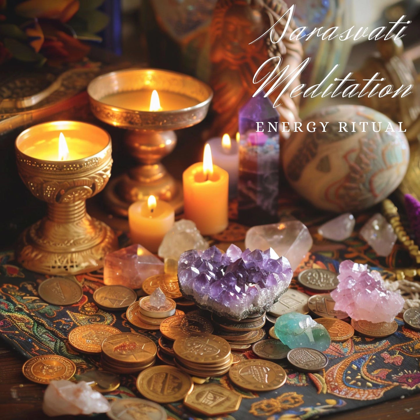 Le manifeste du rituel énergétique Sarasvati souhaite une matrice énergétique exclusive avec une bougie énergétique, du cristal, des herbes, du cœur, du mantra et de la musique une fois