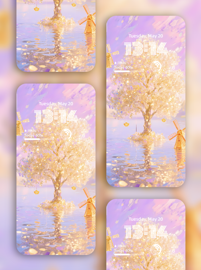 美音天能量壁紙 "双仪璨渱" 財運系列 高清 限量发行 Sarasvati Energy Wallpaper "Twin Golden Wheels in Radiant Flow" Wealth series HD Limited edition
