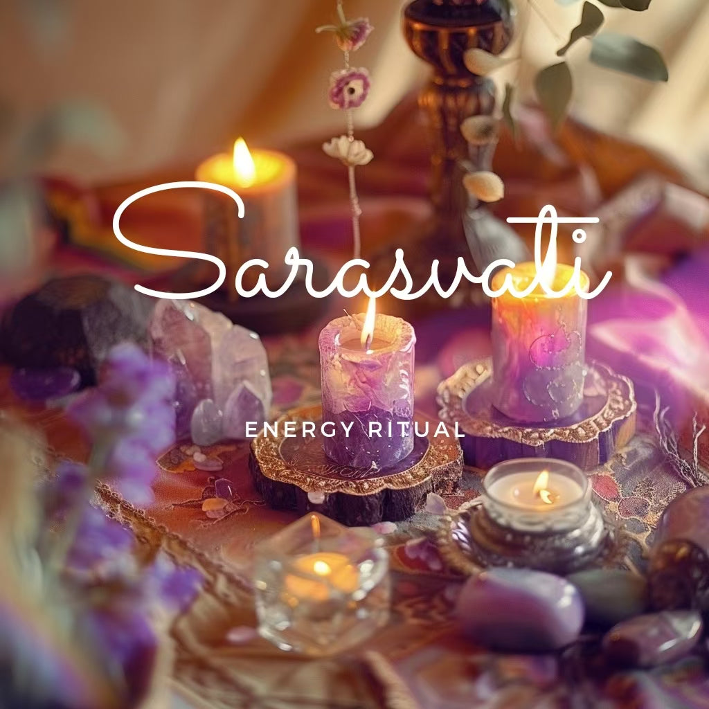 Le manifeste du rituel énergétique Sarasvati souhaite une matrice énergétique exclusive avec une bougie énergétique, du cristal, des herbes, du cœur, du mantra et de la musique une fois