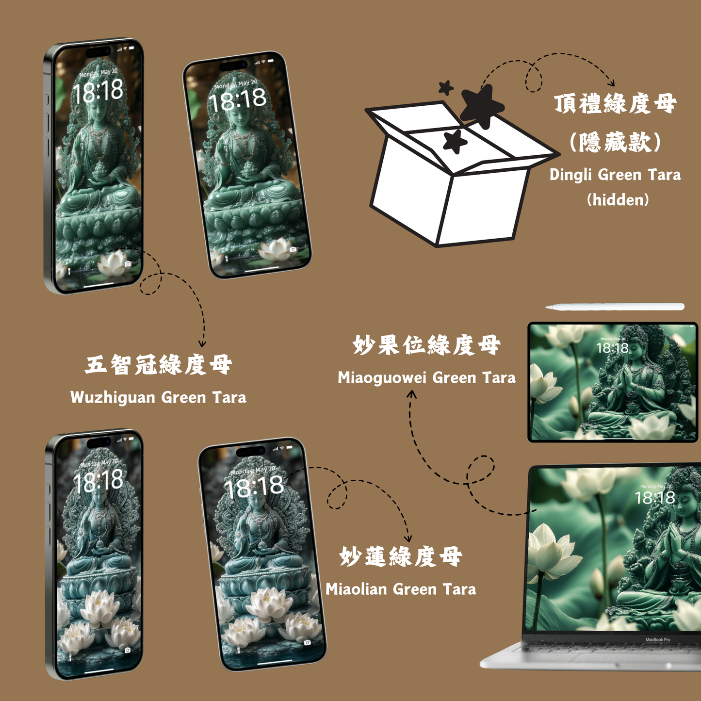 美音天能量壁紙整套盲盒 "綠度母·佛光般若卡" 限量發行 Sarasvati Energy Wallpaper Blind Box Whole Box "Green Tara·Buddha Light Wisdom Card" Limited edition